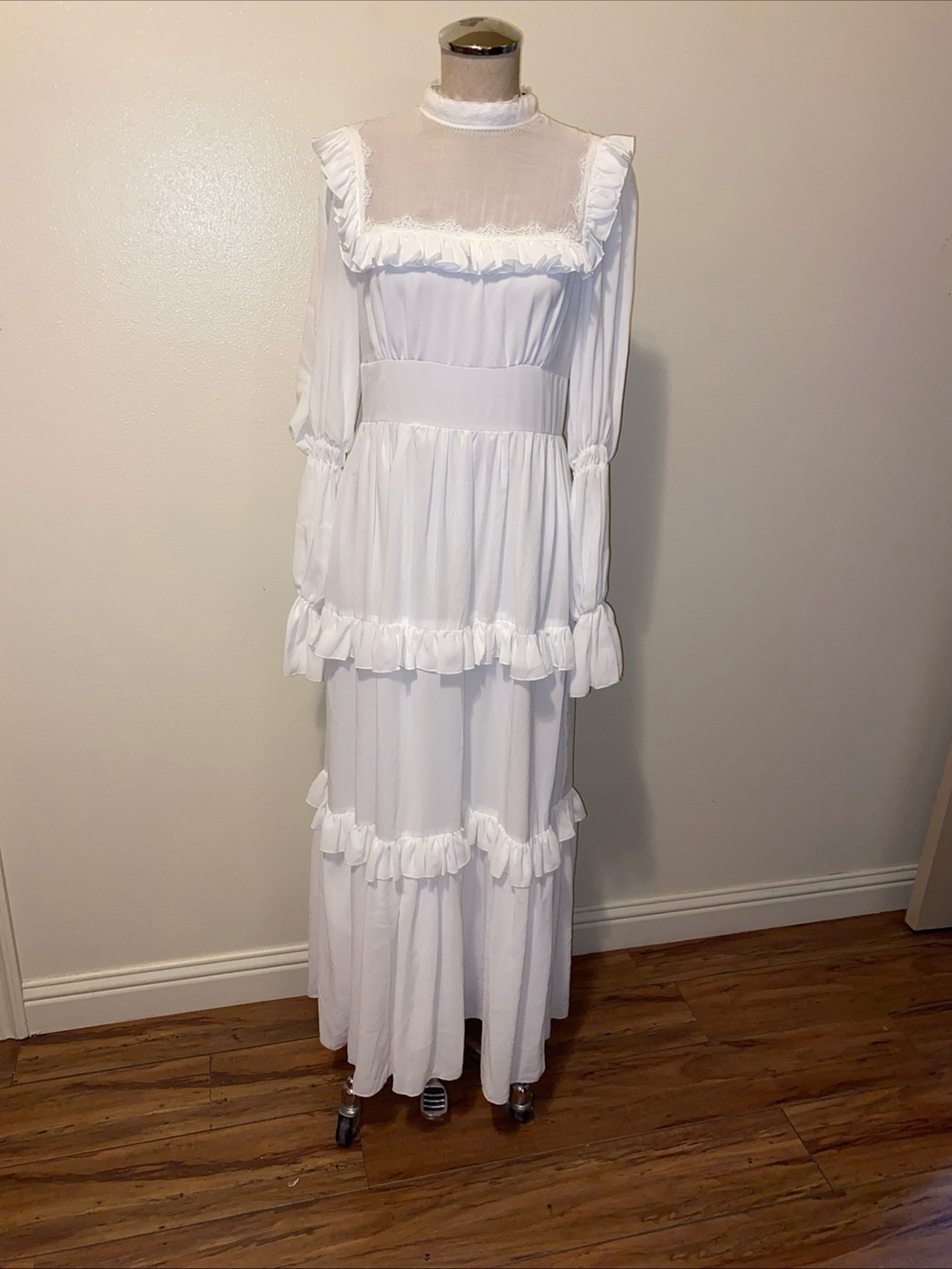 White Ruffle-Tiered Long Sleeve Maxi Dress